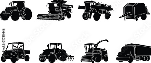 Konstfotografi Agricultural machinery vector silhouettes collection featuring tractors combine