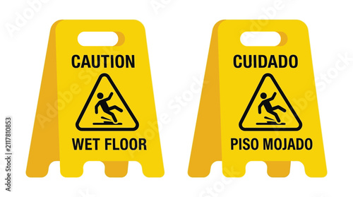Yellow wet floor caution sign vector illustration displaying dual language warnings for safety awareness in busy public industrial facility environments