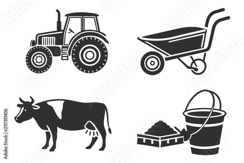 Farm vehicles and animals icons set in black and white