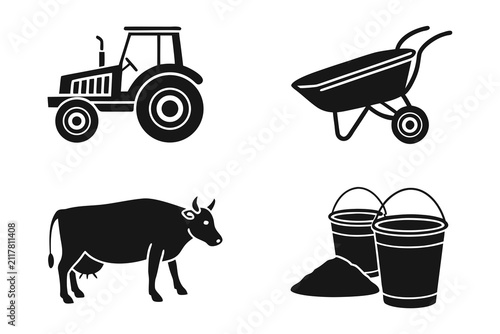 Farm animals and equipment vector icons set