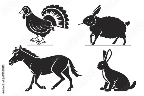 Set of five black and white farm animals side view vector