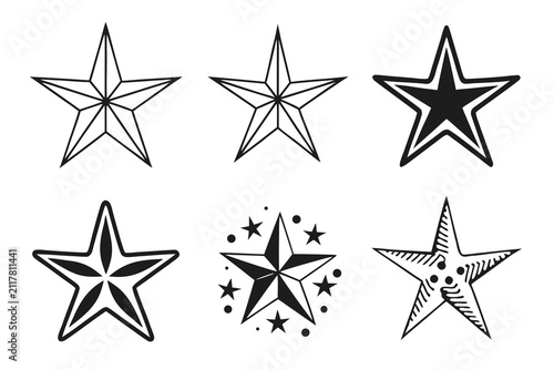 Set of six black and white star shapes with simple designs