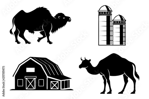 Set of farm animals and buildings in black and white vector icons