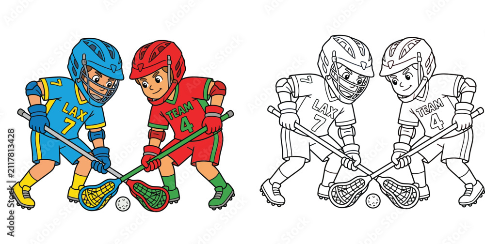Naklejka premium Kids Playing Lacrosse Vector Illustration and Line Art Coloring Page, Cartoon Boys Athlete Faceoff Lacrosse Match Set for Children Activity