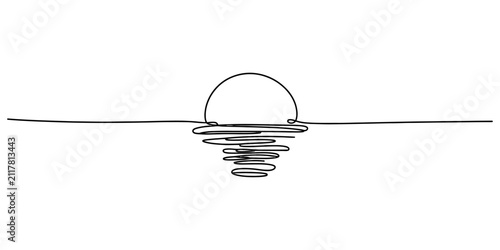 Foto Minimalist continuous single line drawing of a sun setting over the ocean horizo