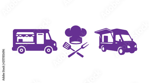 Collection of food truck vehicles and professional chef icons with catering business restaurant silhouette culinary transport hospitality preparation delivery