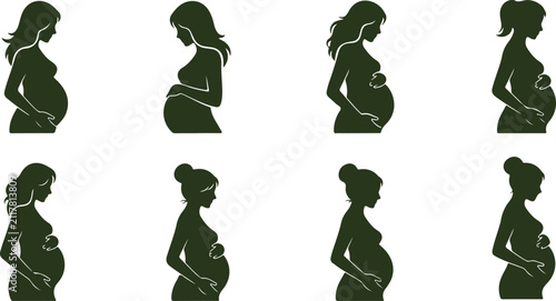 Set of eight pregnant women silhouettes in various poses isolated on transparent background for medical or lifestyle use