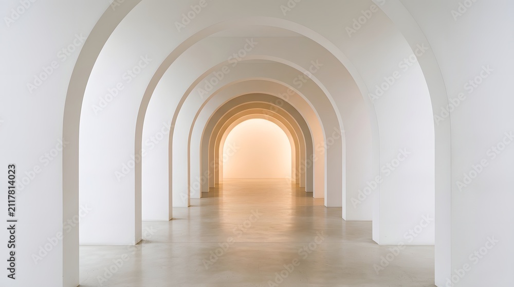 Fototapeta premium Minimalist white corridor featuring symmetrical repeating arches receding into warm golden light within a bright modern contemporary architectural design space