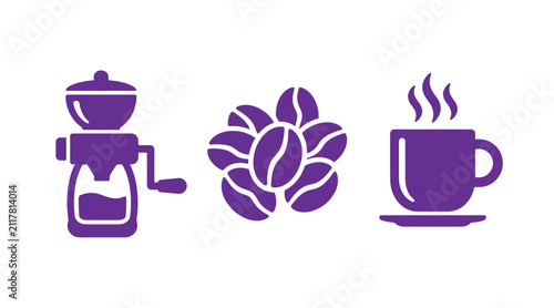 Coffee preparation equipment icons featuring grinder beans and hot cup caffeine beverage illustration breakfast espresso steaming collection lifestyle