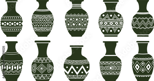 Collection of intricately designed traditional ceramic vases featuring geometric tribal patterns isolated on transparent background