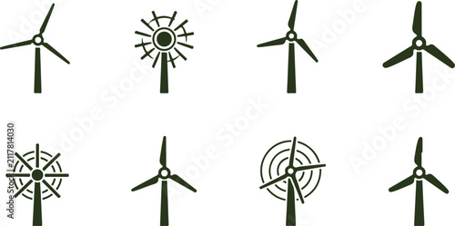 Various stylized wind turbine designs with different blade shapes and patterns isolated on transparent background