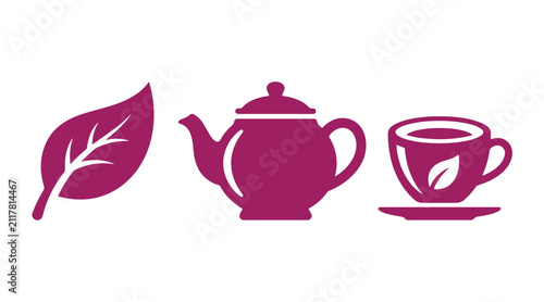 Tea leaf teapot and teacup set minimalist graphic illustration with tea time beverage illustration minimalist isolated infusion collection caffeine kitchenware tradition