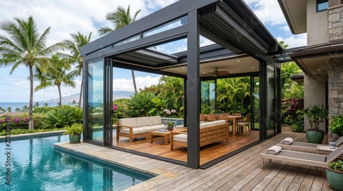 A modern, glass-enclosed patio with a wooden deck, overlooking a pool and a tropical landscape.