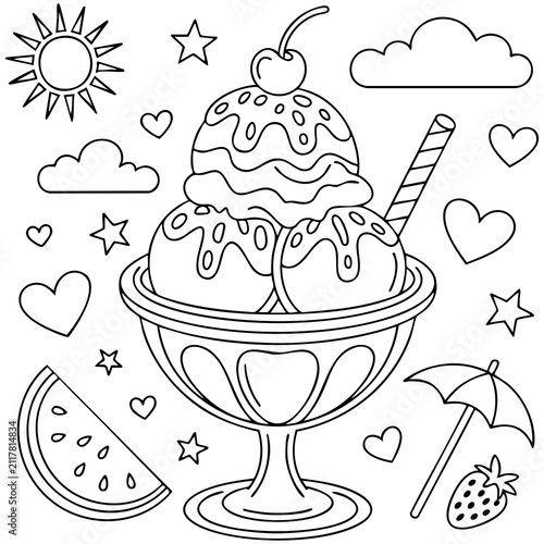 Cuadro en lienzo Ice Cream Sundae Coloring Page With Cherry Lollipop And Decorative Pedestal Bowl