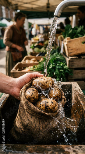 Fresh Potatoes Being Washed At A Farmers Market Stall