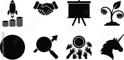 Set of black startup business icons featuring rocket launch handshake presentation board money plant and unicorn symbols