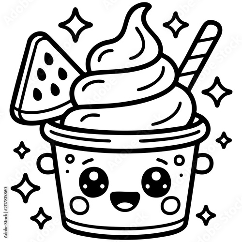 Принти на полотні Kawaii Ice Cream Coloring Page With Watermelon Garnish And Bold Line Art Isolate