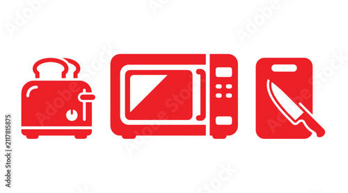 Kitchen appliance icons: toaster microwave cutting board with knife microwave appliances equipment preparation houseware electric chopping utensils culinary