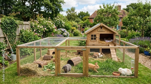 A well-organized rabbit hutch with multiple rabbits inside, surrounded by lush greenery and a wooden fence.