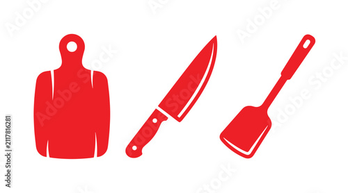 Kitchen utensils icon set: cutting board chef knife spatula with utensils preparation culinary kitchenware equipment houseware chopping flipping graphics domestic