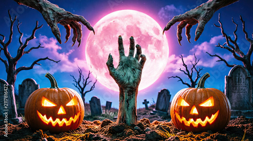 Spooky halloween background featuring a glowing full moon graveyard scene with carved jack o lanterns and reaching zombie hands