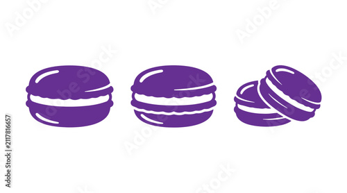 Set of purple french macaron cookie icons showing individual pastries and a stacked pair with confectionery illustration isolated minimalist collection meringue delicious