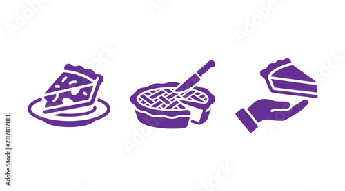 Set of minimalist purple pie icons including a slice on a plate a whole pie being sliced with a knife a hand holding a piece of pie illustration restaurant culinary