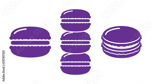 Simple purple macaron icons showing individual french almond cookies and a stacked tower of macarons for bakery design with colorful illustration patisserie confectionery