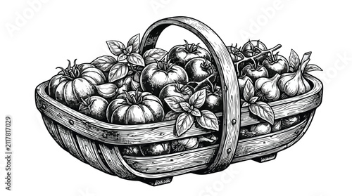 Foto Vintage woodcut garden basket with fresh tomatoes and herbs, rustic hand-drawn v