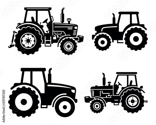 Farm Tractor Silhouette Icon Set Black Agriculture Vehicle Vector