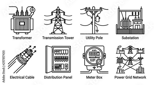 Electrical hardware icons represent power distribution equipment and grid management components set.
