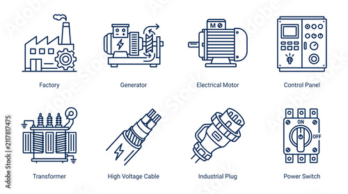 Industrial components display a factory, electrical generator, motor, and various power hardware.