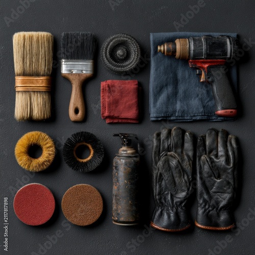 Rust Treatment Kit Arranged in Tidy Rows With Brushes, Gloves, Spray Gun, and Sanding Pads on a Dark Surface