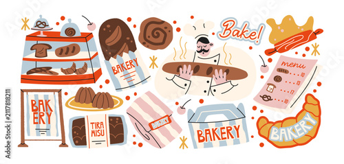 Bakery and pastry shop compositions with baker, fresh bread, croissant, tiramisu, pastry display and takeaway packaging, artisan baking, dessert menu and cafe branding concepts