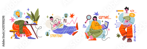 Artificial intelligence and digital work compositions with programmer characters, strategy, copyright, laptop and business analytics, modern AI workflow, remote productivity and technology concepts