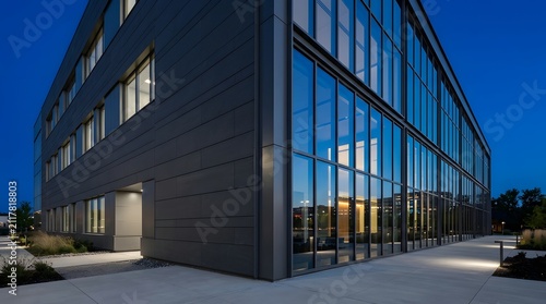 Modern corporate office building exterior featuring glass facades and dark metal paneling illuminated during the quiet blue hour at twilight