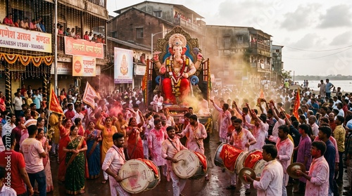 Ganesh Visarjan Festival Celebration with Ganesha Idol Procession in India	