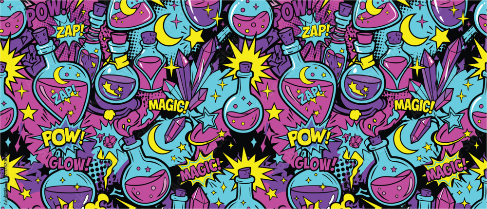 Naklejka premium Monster seamless pattern vector for fantasy background with magic cartoon creatures colorful