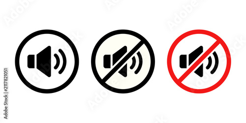 Minimalist volume control icon set featuring speaker symbols for audio settings and mute functions on digital interfaces