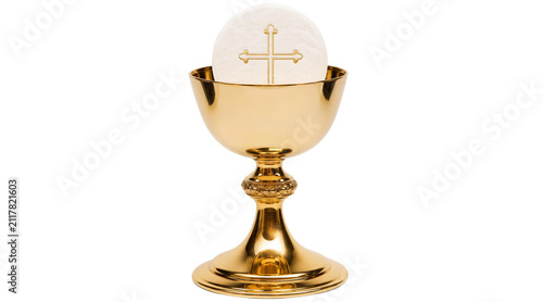 Golden chalice with communion host and cross isolated