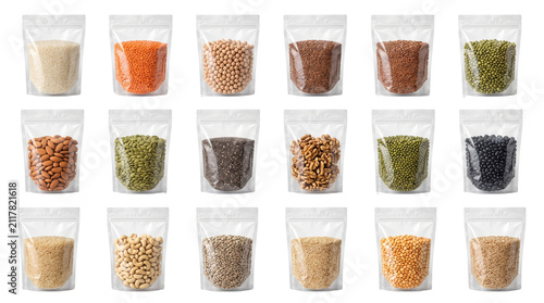 Assorted legumes and grains in 18 transparent plastic pouches, collection of dry food storage bags, organic seeds and pulses in clear packaging isolated PNG with Transparent Background