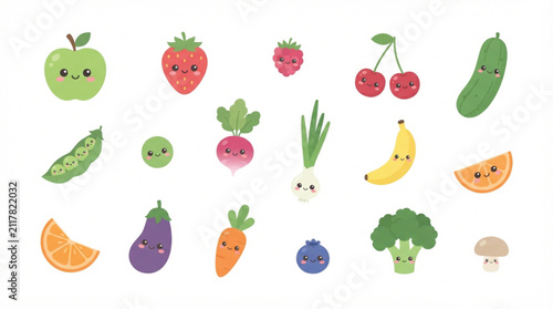 Kawaii cute cartoon fruit and vegetable flat vector icons set with minimalist happy emoji faces for healthy lifestyle apps and kids nursery decor