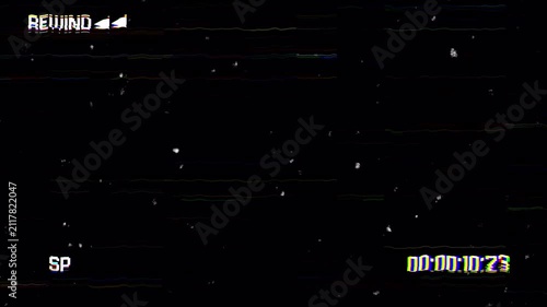 VHS Camcorder Rewind Overlay with 15 Seconds Timecode Display and Glitch Effect. 4K Video