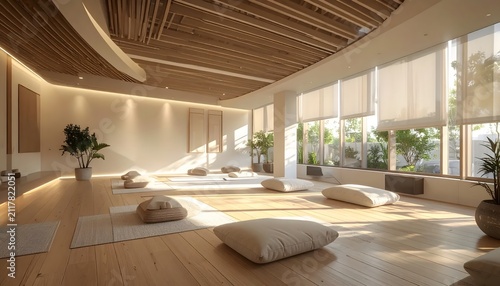 Yoga studio interior features wooden floors, floor cushions, and sunny windows.