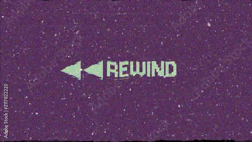 Retro VHS Rewind Typography on Purple TV Static Noise with Glitch Effect. 4K Video