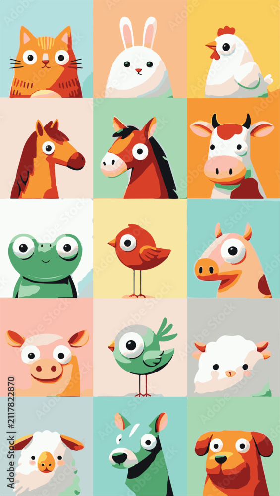Obraz premium Cute Cartoon Animal Faces Collection – Flat Vector Illustration Set A colorful flat vector illustration featuring a collection of cute cartoon animal faces arranged in a grid layout.