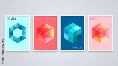Set of four geometric poster designs featuring colorful 3D cubes and abstract shapes for modern wall decor, interior design accents, and contemporary graphics.