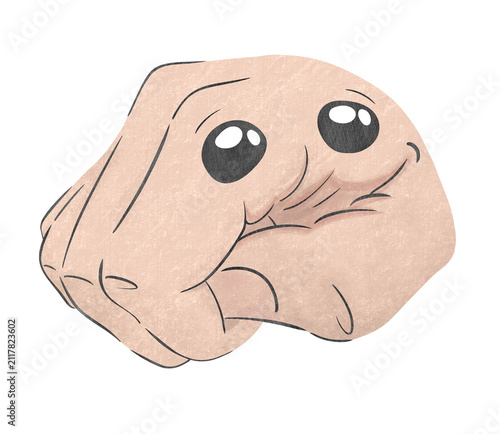 Hand-drawn hand forming mouth, painted adorable eyes, tender expression