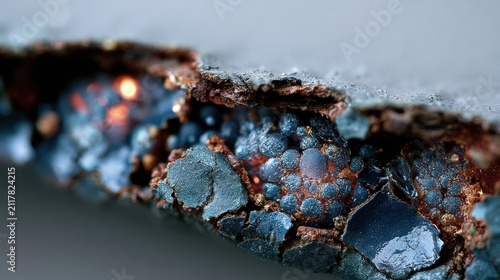 Close-up View of Rust and Paint Blistering on a Metal Car Panel With Cracked Edges Showing Damage in a Garage Setting