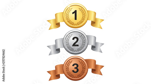 Set of gold silver and bronze award medals with ribbons and laurel wreath designs for competition winners